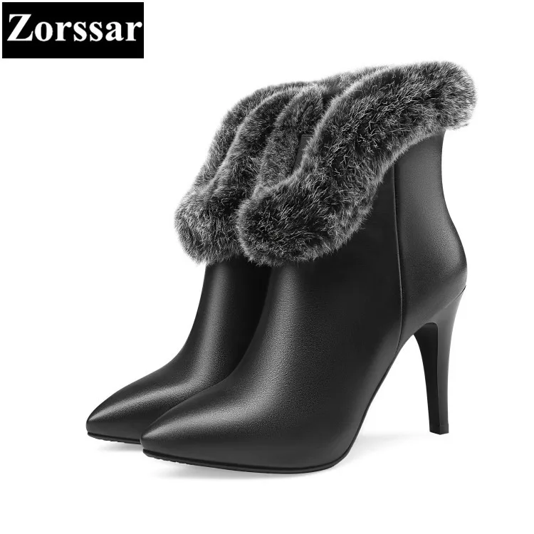 

{Zorssar} 2017 new Luxury brand ladies shoes Fashion Rabbit hair pointed Toe High heels ankle boots winter womens snow boots
