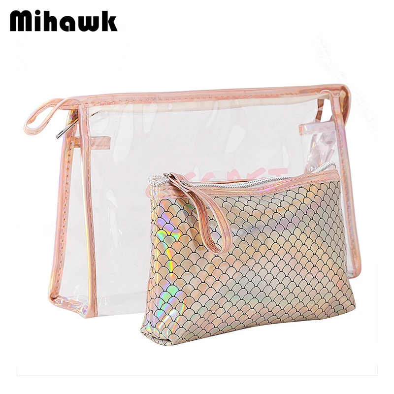 

Mihawk PVC 2Pcs/Set Transparent Cosmetic Bag Women's Clear Laser Makeup Cases Zipper Toiletry Pouch Travel Brushes Tote Supplies