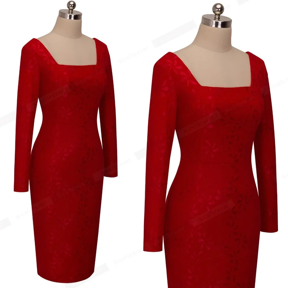 Хорошее-forever винтажное сексуальное красное кружевное платье с квадратным вырезом и цветочным рисунком с длинными рукавами офисное платье облегающее женское платье 740