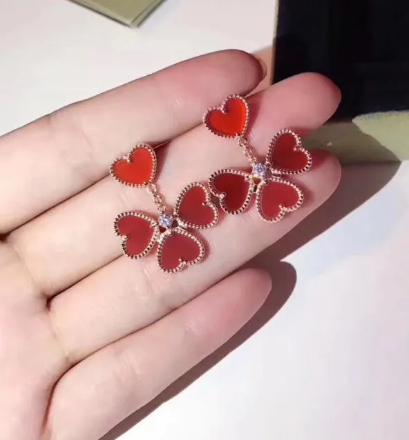 

Fashion women earrings red gem four heart drop earrings in one,rose gold 925 sterling silver love earrings faous brand jewelry