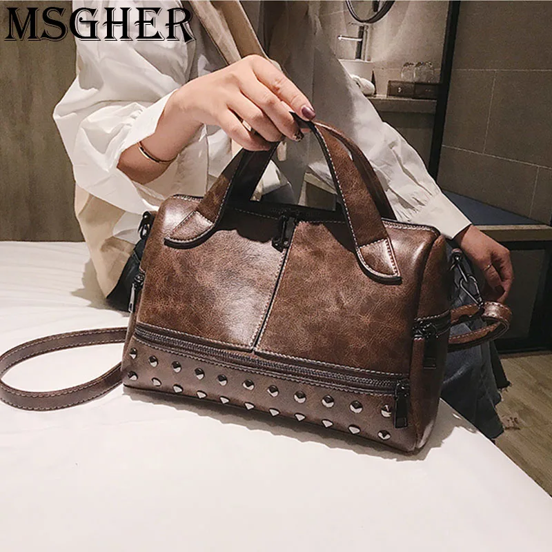 

MSGHER PU Solid Rivet Boston Shoulder Bags Girls Crossbody Bag Female Messenger Bag luxury handbags women bags designer WB1276