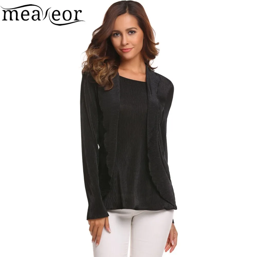 Meaneor 2017 Casual Textured Ribbed Solid Ruffles Blouse