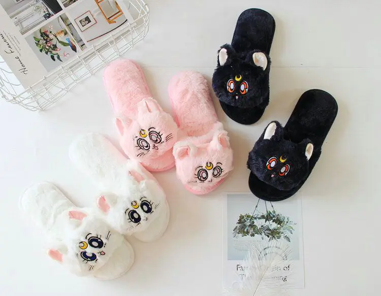 Тапочки с рисунком черного кота; теплая мягкая плюшевая домашняя обувь с широко открытым носком; плюшевая игрушка в подарок