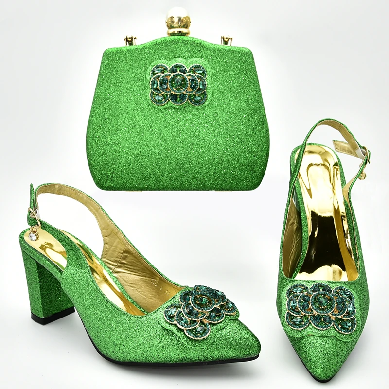 Новейший комплект из туфель и сумочки в африканском стиле; итальянский Женский комплект из высококачественных свадебных туфель и сумочки в африканском стиле; нигерийские туфли-лодочки размера плюс - Цвет: Зеленый