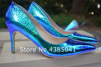 

Real photos 8/10/12cm heels Bling Snake Pointed Toe High Heel Pumps Blue Shallow Women Office Dress Shoes Thin Heels Shoes