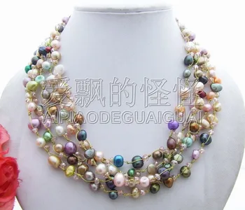 

Amazing! 5Strds Multi Color Pearl&Crystal Necklace
