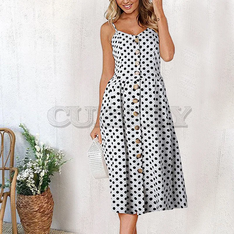 Image CUERLY Fashion Sundress Women Summer Dress 2019 Boho Sexy Dress Midi Button Backless Polka Dot Striped Floral Beach Dress Female