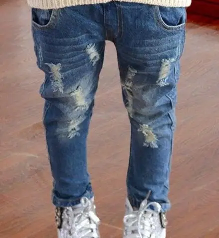 Г. Весенняя детская одежда тонкие однотонные джинсовые синие джинсы с дырками для маленьких мальчиков и девочек, повседневные длинные джинсы для мальчиков и девочек - Цвет: holes jeans