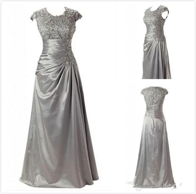 

Hot Sale cap Sleeves Mother of the Bride Dresses 2019 vestido de madrinha Pleating Beads Stretch Satin Evening Gown Ruched