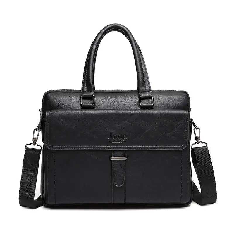 Бренд JEEP BULUO, мужская сумка-тоут, повседневный портфель, деловая сумка на плечо, коричневая кожа, высокое качество, сумки-мессенджеры, 14 дюймов, для ноутбука, А4, файлы - Цвет: 8003 Black