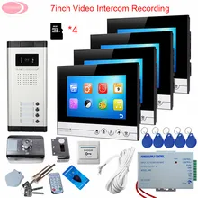 Video Intercom With Rfid Unlock Electronic Lock 7inch Video Door Phone Intercom System With Recording + 8GB TF Card 4 Monitors