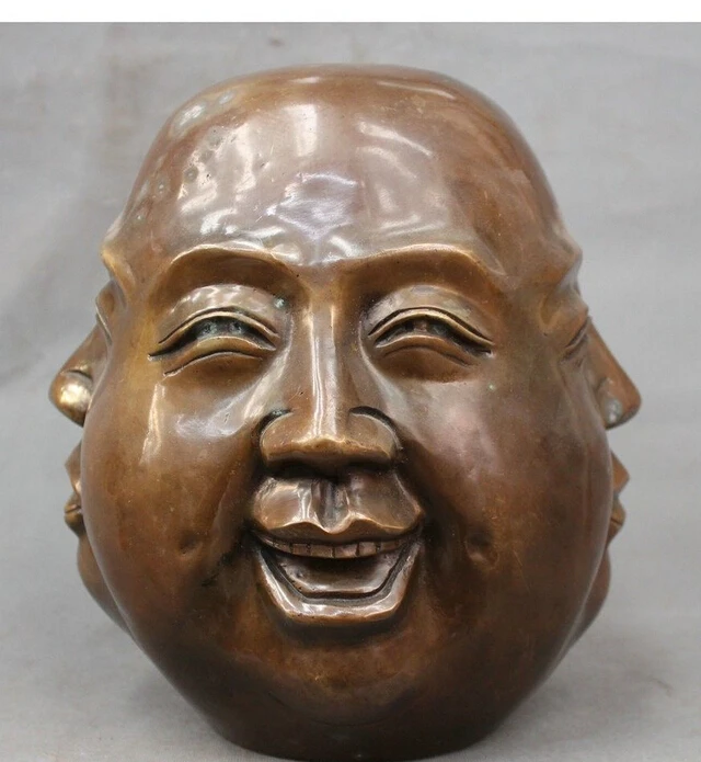 

9" Chinese Buddhism Bronze four sides Happy Laugh Maitreya Buddha head Statue