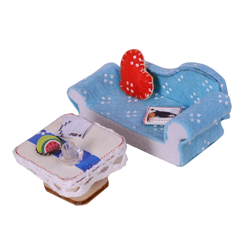 1/24 دمية مصغرة أثاث غرفة المعيشة أريكة مع وسادة و نهاية الجدول جنسين الأزرق