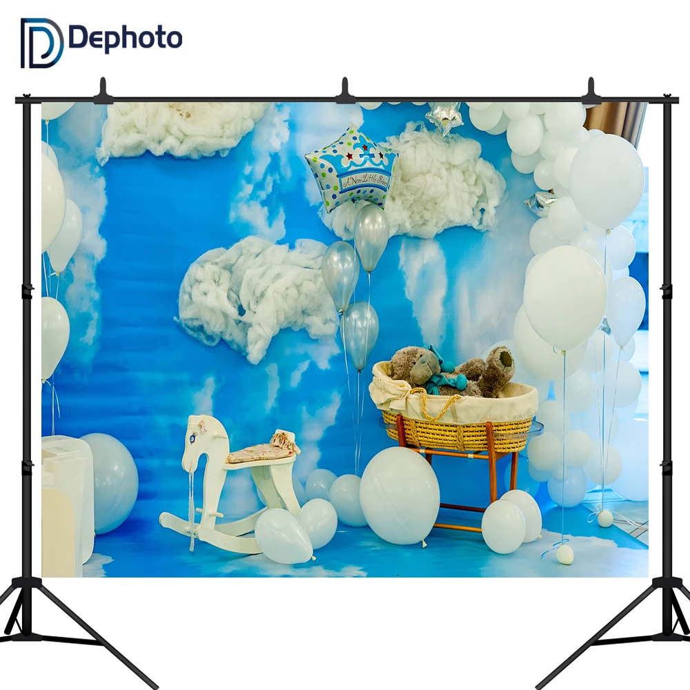 DePhoto фото фон голубое небо облака воздушный шар Детская фотография задник с
