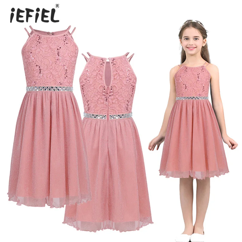IEFIEL/летнее Модное детское платье с цветочным рисунком для девочек красивое блестящее платье без рукавов с блестками и цветочным кружевом для дня рождения; Размеры 6-14