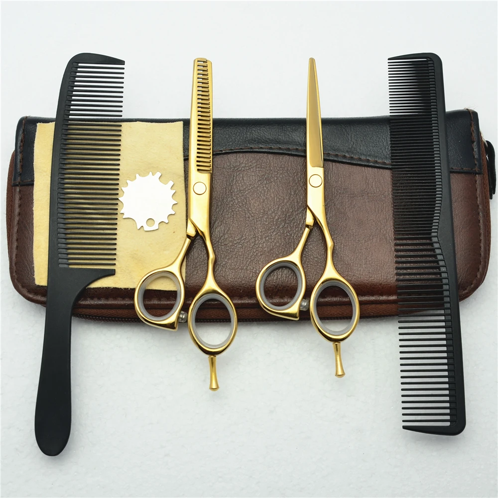 

4Pcs Set 5.5'' 16cm Customized Brand Golden Professional Human Hair Scissors Hairdressing Cutting Shears Thinning Scissors C1014