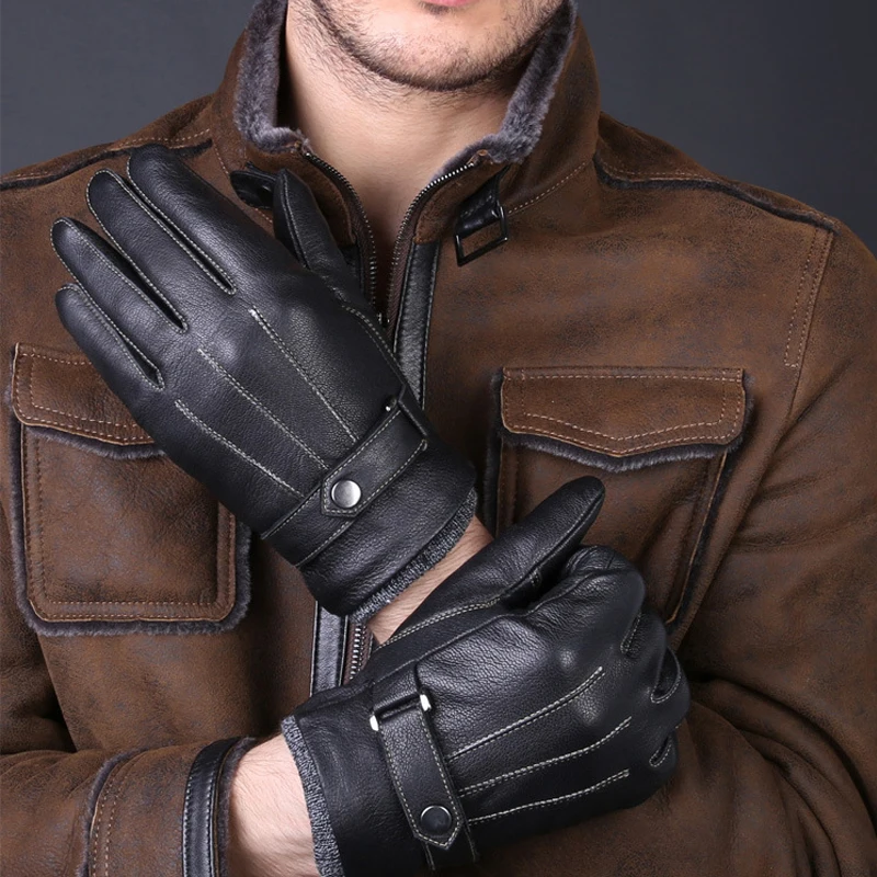 Winter Mens Black Thick Warm Riding 100 Genuine Sheepskin Leather