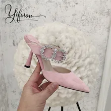 OLOME Fashion Kid Suede Summer Shoes Woman Slippers Pointed Toe Crystal Thin High Heel Women Shoes Slippers Mules Shoes Woman