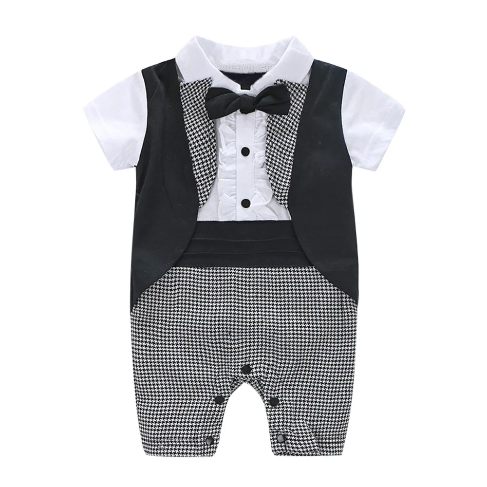 

Kids Clothes Promper Baby Boys Cotton Casual Outfits Bowtie Plaid Swallowtail Jumpsuit Short Sleeve Outfit Gentleman Boy Suits