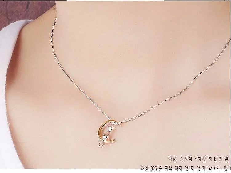 Корейские модные ювелирные изделия в виде животных, 925 пробы, серебра, милый кот, полумесяц, женское высококачественное индивидуальное ожерелье с кулоном H192