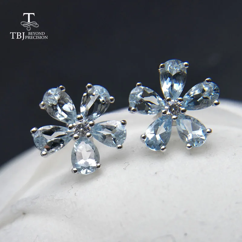 

TBJ,Cute shiny flower shape earring with natural aquamarine gemstone in 925 sterling silver fine jewelry for girl & lady as gift