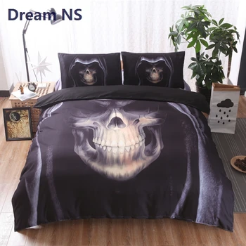 

AHSNME Skull Bedding Set Skeleton with Hat Jogo de Cama King Queen Single Size Adults Bed Set Horror Black Bedclothes