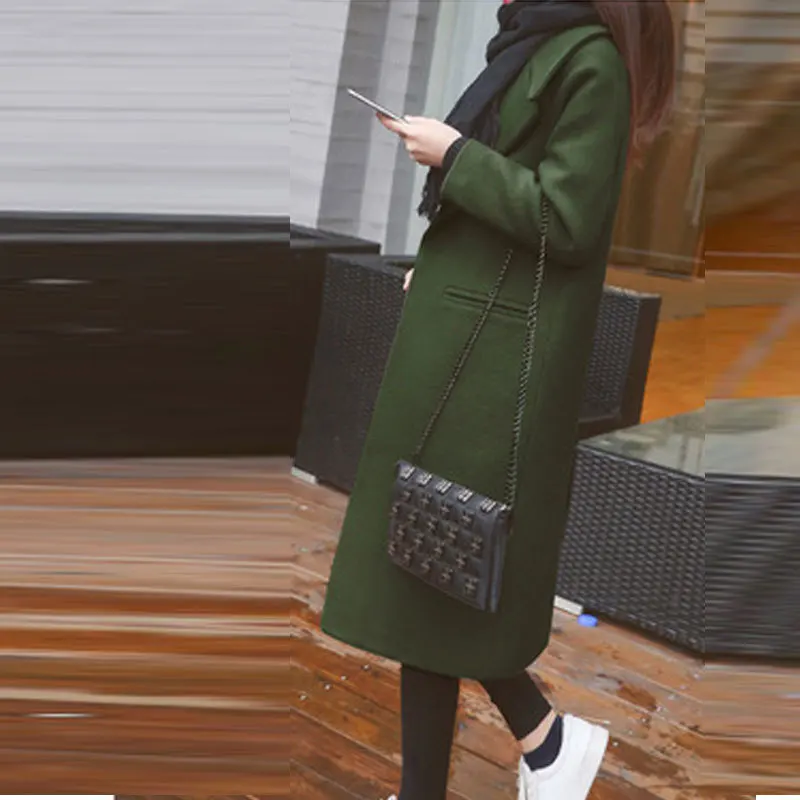 Весна осень новое шерстяное пальто женское с длинным рукавом S Черное армейское зеленое свободное повседневное корейское зимнее длинное женское шерстяные пальто W38