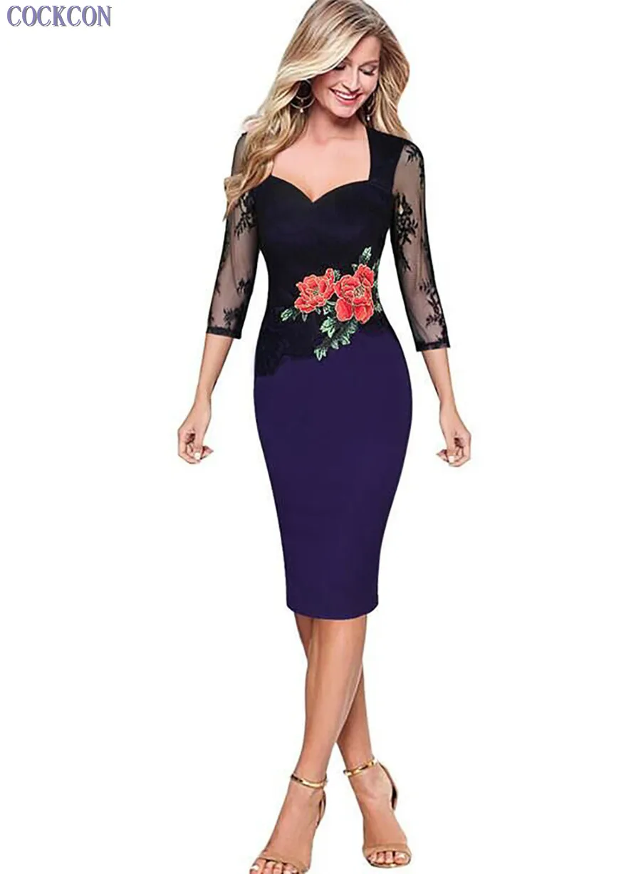 Women-Vintage-Floral-Lace-Party-Dress-Sexy-Elegant-Bodycon-Slim-Three-Quarter-Patchwork-Clothing