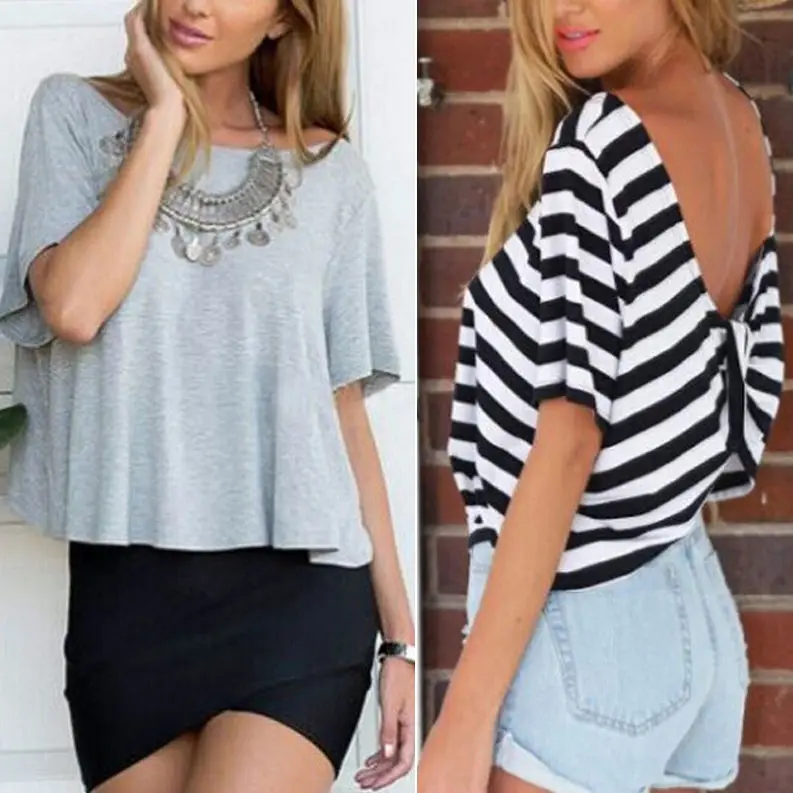 Summer Womens Sexy Cross Backless Tops t-shirt women Casual Loose Short Sleeve t shirts | Женская одежда