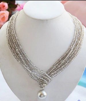 

3row 40" faceted smoky quartz crystal 20mm shell pearl pendant necklace