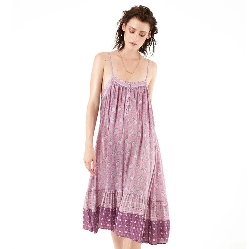 boho dress 2017 pink floral print a line summer dress sleeveless
