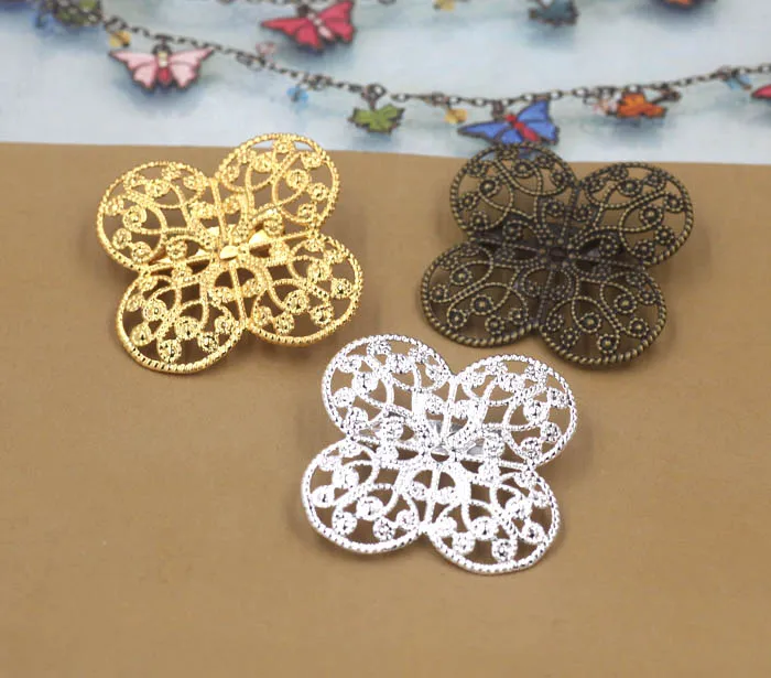 Retro Brooch Bases Pin Back 35mm Filigree 4 Petals Flower Brooches Pins