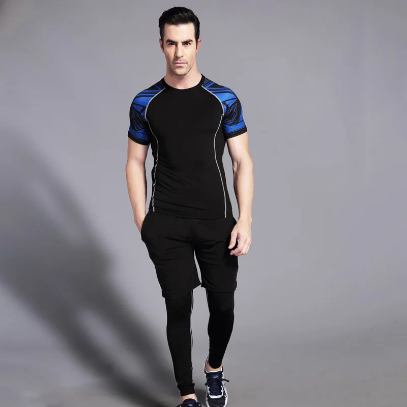 

3PCS/Set Mens Compression Tracksuit Bodybuilding Skin Tight Short Sleeves Clothings MMA Crossfit Exercise Fitness Sportswear