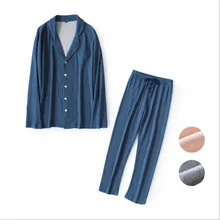 Весна Домашняя одежда пары повседневные мужские Пижамные наборы хлопковый пижамный комплект мужской с длинными рукавами и отложным воротником пальто+ брюки