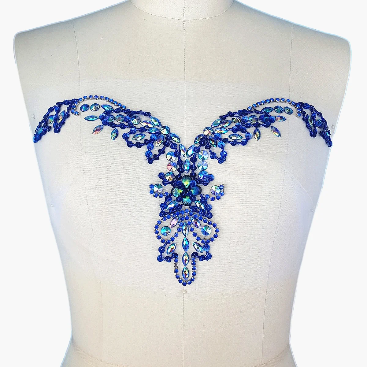 

HANDMADE V-neck Sequin Cosplay Blue AB Sew On Neckline Rhinestone Applique Design Patch Sewing for DIY Decoration 20x34cm Crafts