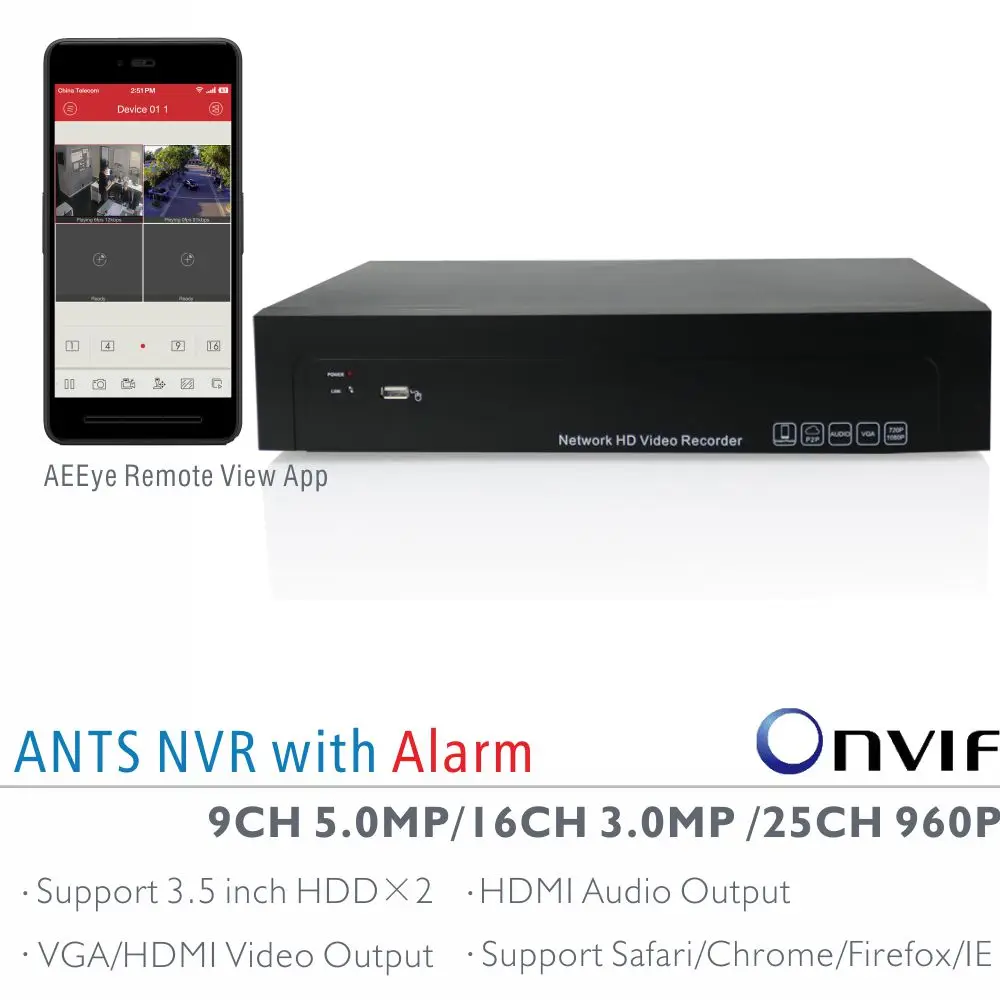 Муравьи 9CH 5mp 16ch 3mp 25ch 960 P 2HDD ONVIF NVR с aeeye смартфон удаленного просмотра App поддержка