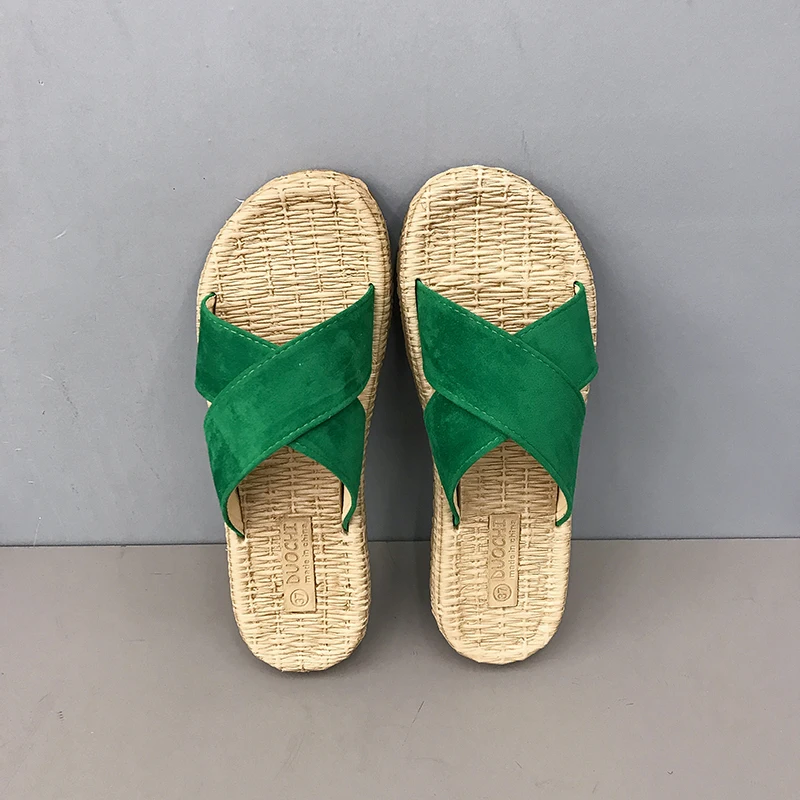 

COOLSA Cross Linen Slippers Women Suede Comfortable Beach Flip Flops Solid Simple Slides Holiday Natural Flax Non-slip Sandals