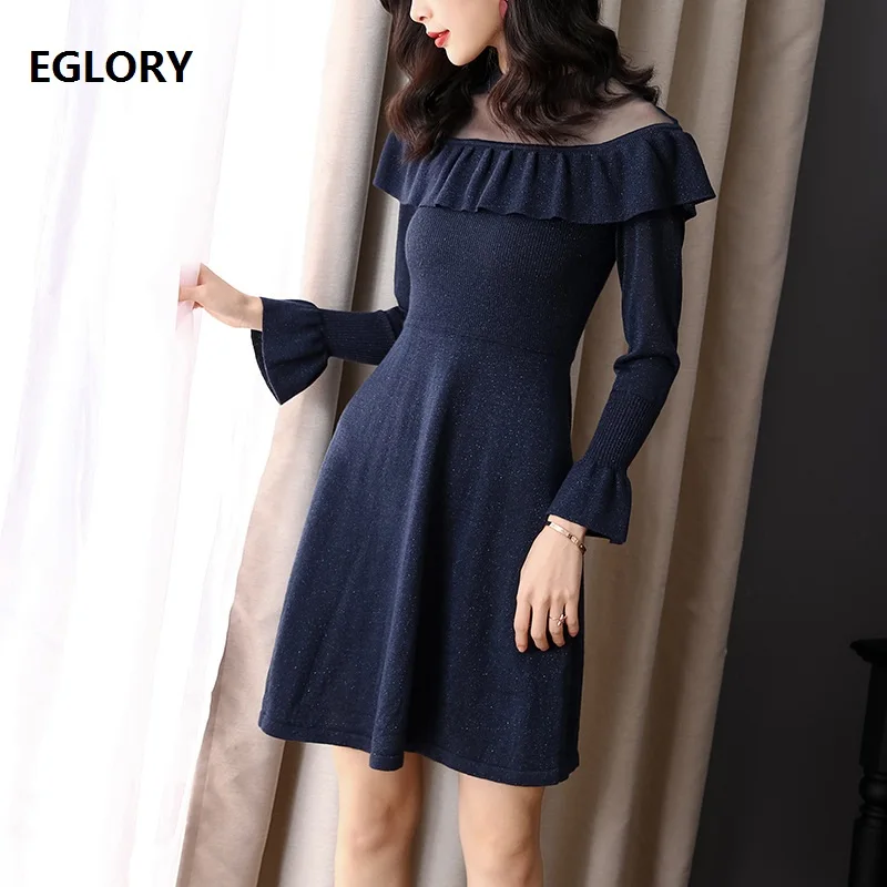 #^Special Price High Quality Sweater Dress 2019 Spring Autumn Women Sexy Sheer Mesh Patchwork Ruffle Long Sleeve Wool Knitted Dress Blue Black #^Special Price High Quality Sweater Dress 2019 Spring Autumn Women Sexy Sheer Mesh Patchwork Ruffle Long Sleeve Wool Knitted Dress Blue Black