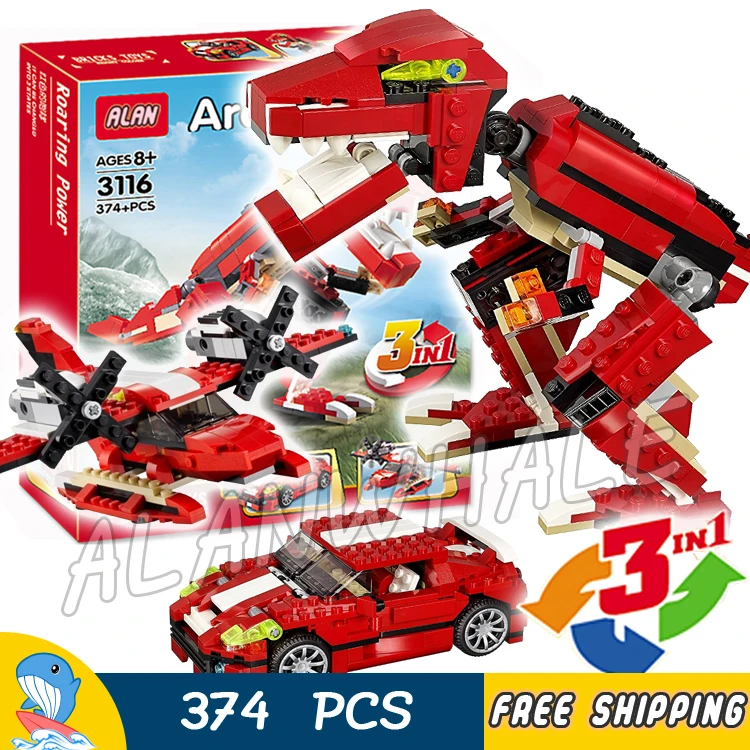 

374pcs 3in1 Creator Roaring ferocious dino twin-propeller Power 3116 DIY Figure Building Blocks Toys Compatible with LegoING