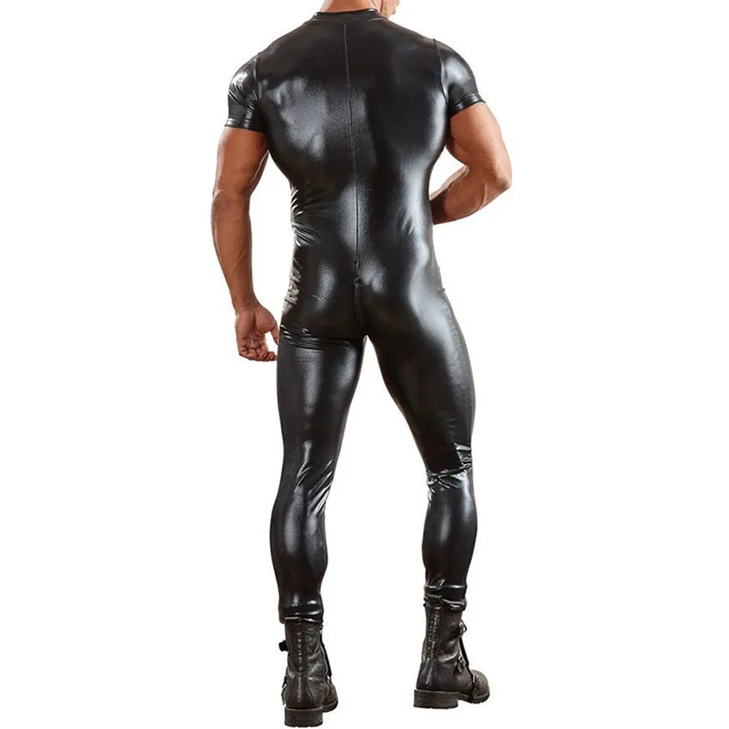 OLOEY men romper leather sexy short sleeves one-piece male romper black mens jumpsuits dj dance costume zip open bobysuits men OLOEY men romper leather sexy short sleeves one-piece male romper black mens jumpsuits dj dance costume zip open bobysuits men