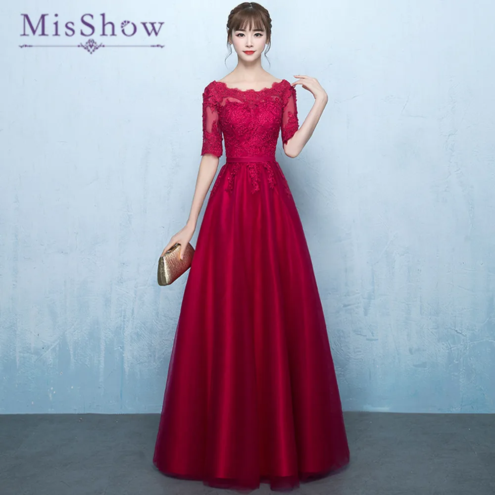 Новое поступление Тюль Длинные красные дешевые платья невесты-line свадебные, с рукавами до локтя вечерние гостей Vestido da dama de honra
