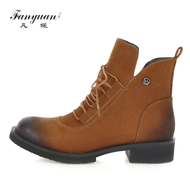 

fanyuan Women Ankle Boots Fashion Solid Black Square High Heel Round Toe Lace Up Western Style Women Boots Size 33-46