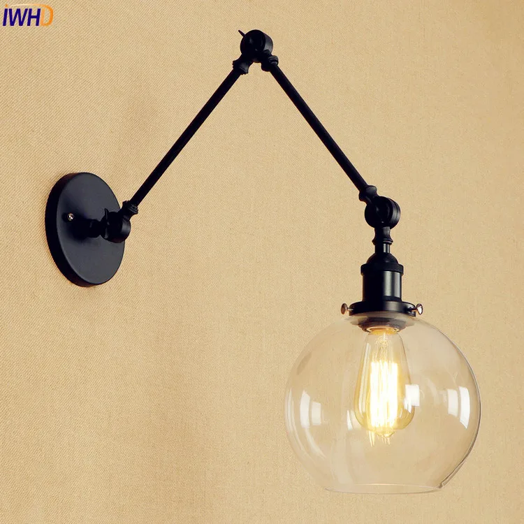 

IWHD Black Retro Antique Wall Lights Fixtures Glass Ball Style Loft Industrial Edison Adjustable Arm Wall Lamp LED Stair Light