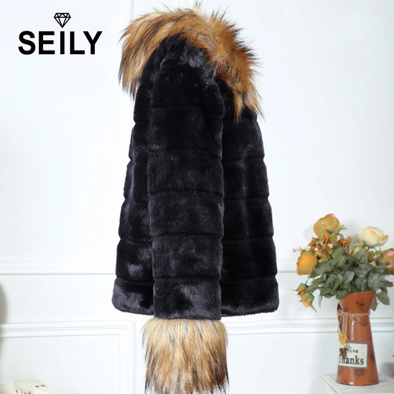 Seily Winter Fake Raccoon Dog Fur Trim Collar Long Hair Sleeve Fluffy Jacket Faux Black Rabbit Fur Furry Coat  Women Cardigan