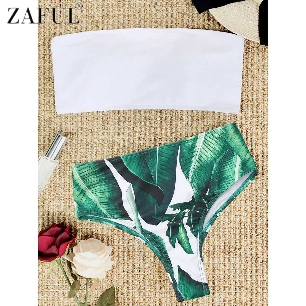 buy strapless palm leaf high cut bikini set