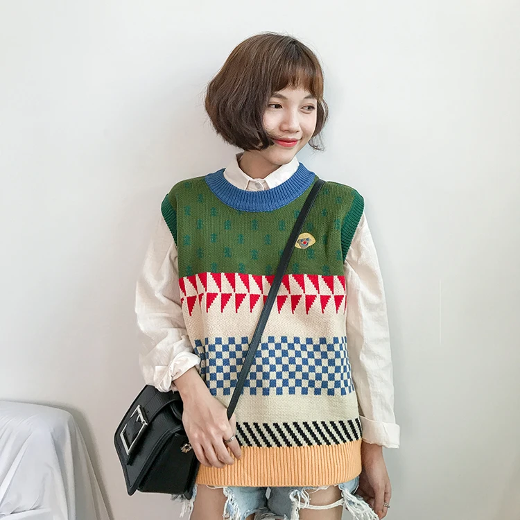 Зимние женские пуловеры в стиле Харадзюку, свитер, корейский женский свободный цветной игривый полосатый мозаичный пуловер, вязаный жилет без рукавов для студентов