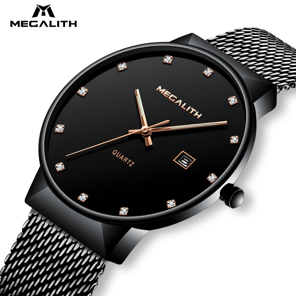

MEGALITH Simple Design Mens Watch Mesh Band Quartz Business Diamond Date Timer Waterproof Black Stainless Steel Watch Montre