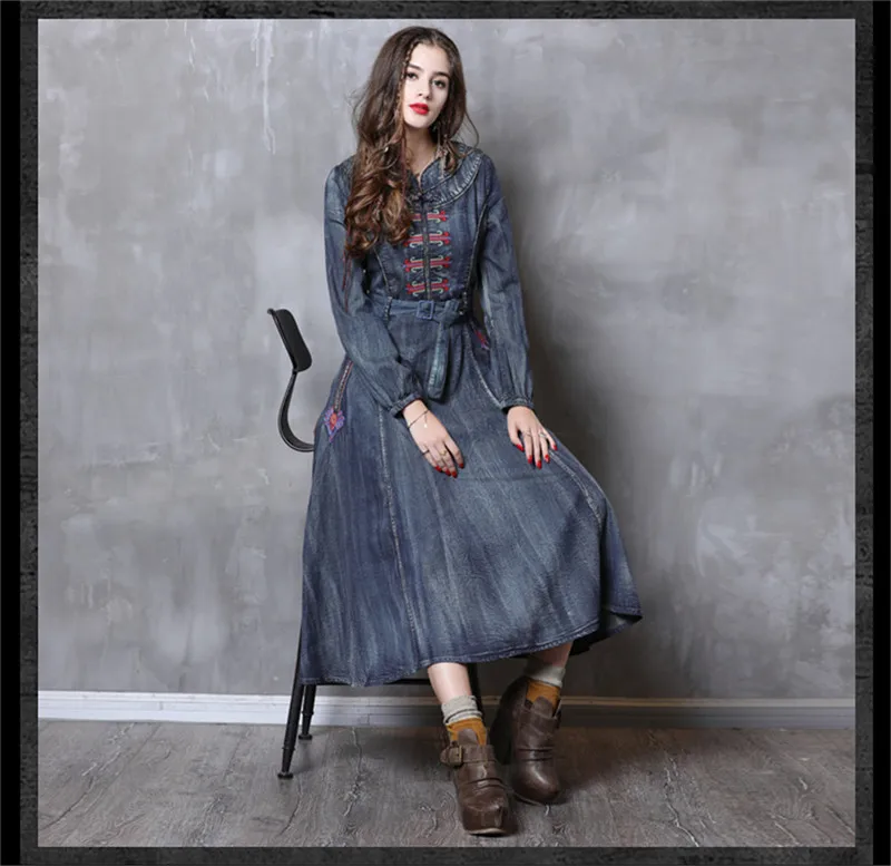 Vintage Autumn Dress Women 2018 Brand Denim Vestidos Stand Collar Long Sleeve Embroidery Belted Slim Wasit Women Dresses 82115 (14)