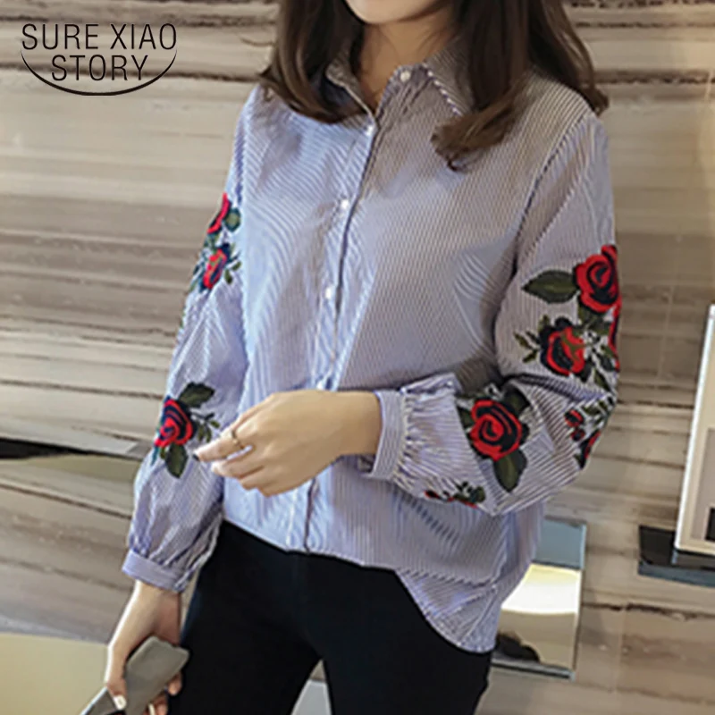 

2017 New Spring Striped Shirt Korean fashion office lady Style embroidery Flower Female sweet casual loose bottoming 923B 30