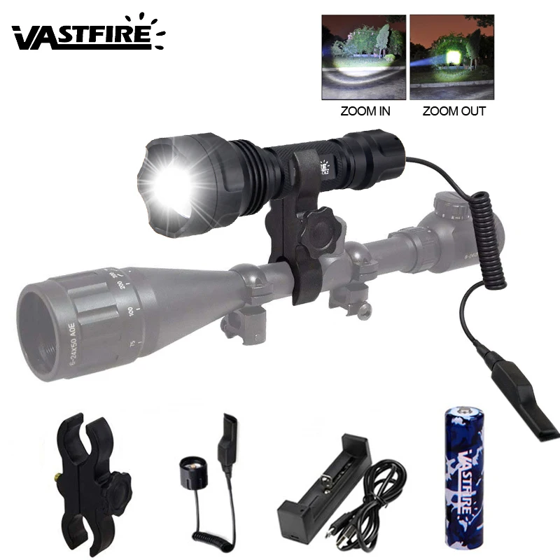 

Tactical Zoomable 5000lm Q5 LED Weapon Light Adjustable Focus Hunting Flashlight +Gun Mount+18650+Pressure Switch+USB Charger